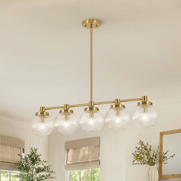 Chandelierias - Ribbed Glass Glam 5 - Light Linear Pendant Chandelier - Chandeliers - Brass - 