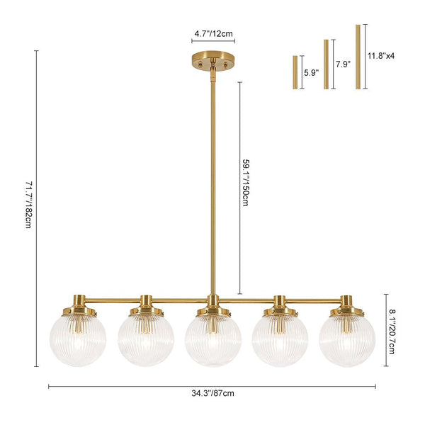 Chandelierias - Ribbed Glass Glam 5 - Light Linear Pendant Chandelier - Chandeliers - Brass - 