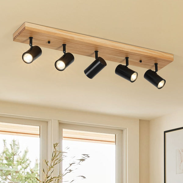 Chandelierias-Rustic 5-Light Walnut Wood Semi-Flush Track Light-Semi Flush-Pine & Black-