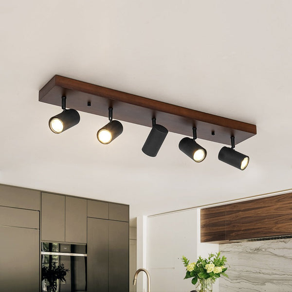 Chandelierias - Rustic 5 - Light Walnut Wood Semi - Flush Track Light - Semi Flush - Walnut & Black - 