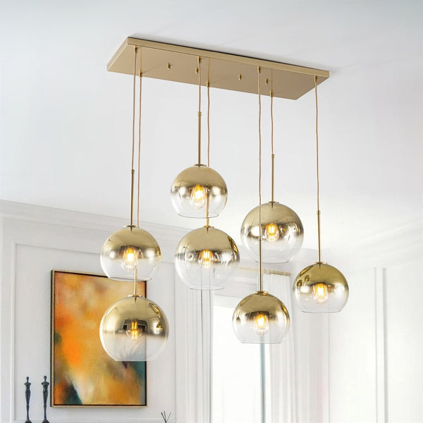 Chandelierias-Sculptural 7-Light Multi-globe Ombre Mirror Glass Linear Chandelier-Chandeliers-Gold-