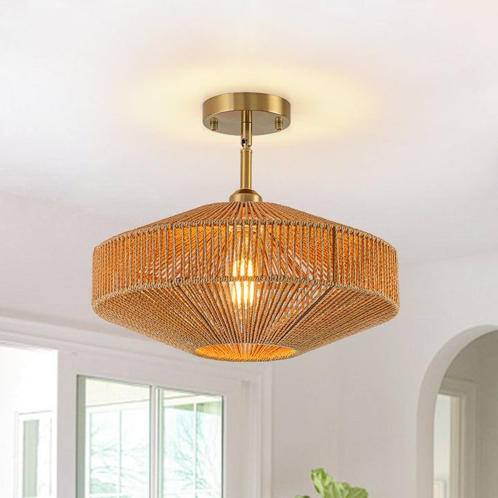 Chandelierias - Single - Light Gyro - Shape Woven Hemp Rope Semi - Flush Mount - Semi Flush - Brass - 