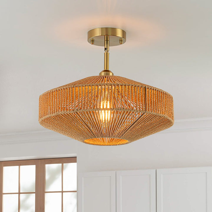 Chandelierias - Single - Light Gyro - Shape Woven Hemp Rope Semi - Flush Mount - Semi Flush - Brass - 