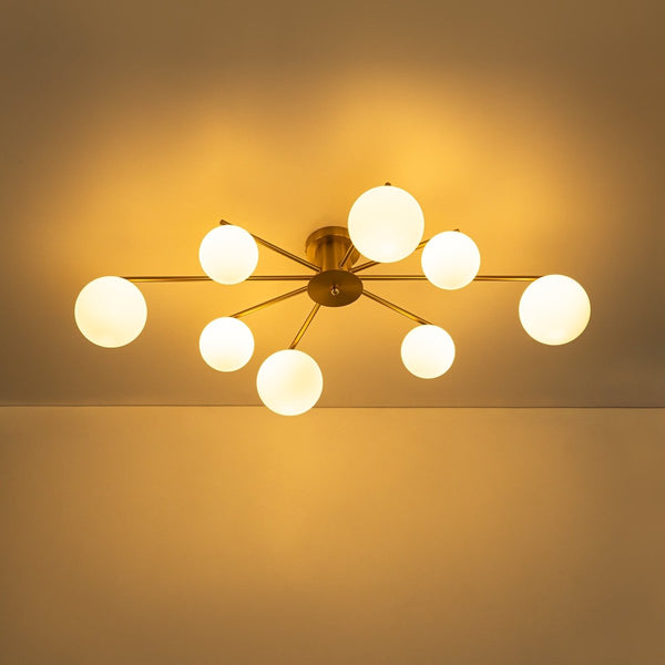 Chandelierias-Sputnik Brass 8-Light Frosted Glass Sphere Semi-flush Mount-Semi Flush-Brass-