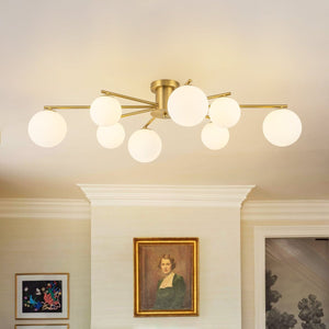 Chandelierias-Sputnik Brass 8-Light Frosted Glass Sphere Semi-flush Mount-Semi Flush-Brass-