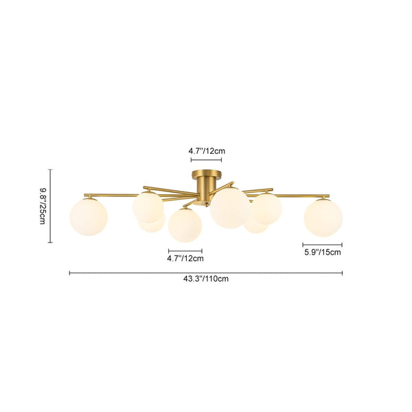 Chandelierias-Sputnik Brass 8-Light Frosted Glass Sphere Semi-flush Mount-Semi Flush-Brass-