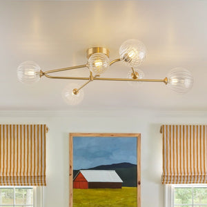 Chandelierias-Sputnik Brass Fluted Glass Bubble Linear Semi-flush Mount-Flush Mount-Brass-