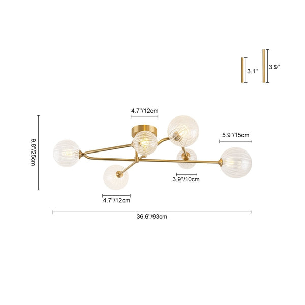 Chandelierias-Sputnik Brass Fluted Glass Bubble Linear Semi-flush Mount-Flush Mount-Brass-