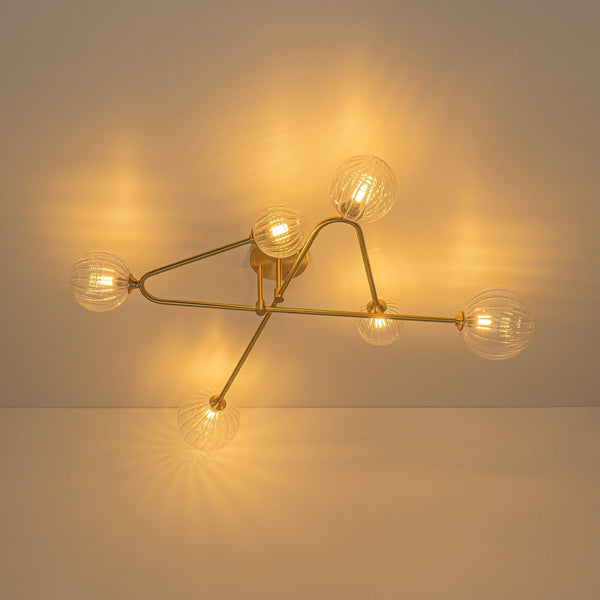 Chandelierias-Sputnik Brass Fluted Glass Bubble Linear Semi-flush Mount-Flush Mount-Brass-