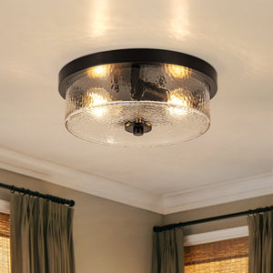Chandelierias-Transitional 2-Light Hand hammered Glass Drum Flush Mount-Flush Mount-Matte Black-
