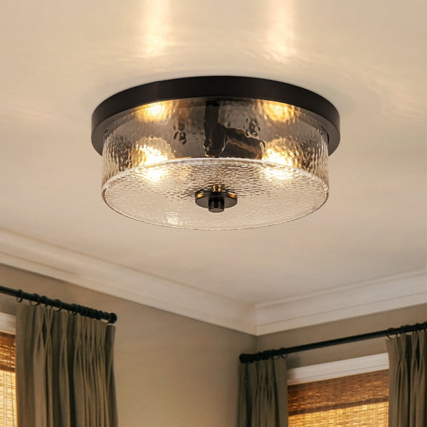 Chandelierias-Transitional 2-Light Hand hammered Glass Drum Flush Mount-Flush Mount-Matte Black-