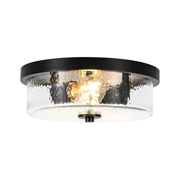 Chandelierias-Transitional 2-Light Hand hammered Glass Drum Flush Mount-Flush Mount-Matte Black-