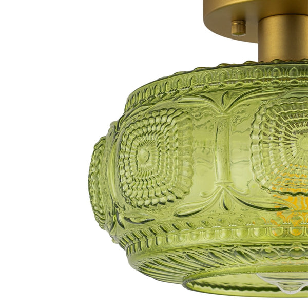 Chandelierias-Translucent Green 1-Light Embossed Glass Drum Semi-flush Mount-Semi Flush-Brass-