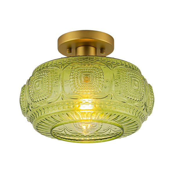 Chandelierias-Translucent Green 1-Light Embossed Glass Drum Semi-flush Mount-Semi Flush-Brass-