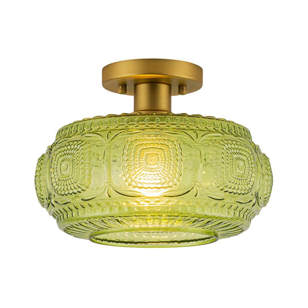 Chandelierias-Translucent Green 1-Light Embossed Glass Drum Semi-flush Mount-Semi Flush-Brass-