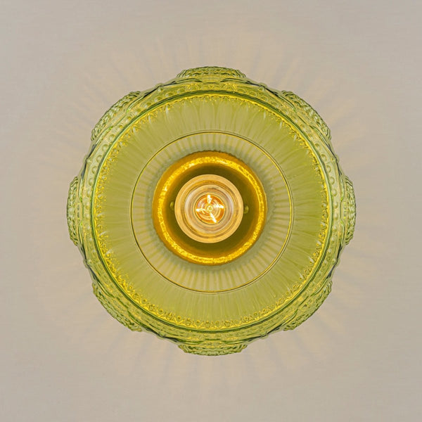 Chandelierias-Translucent Green 1-Light Embossed Glass Drum Semi-flush Mount-Semi Flush-Brass-