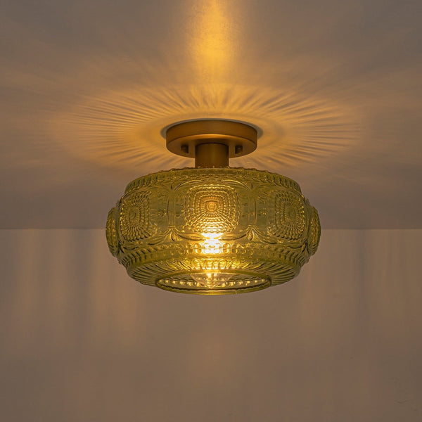 Chandelierias-Translucent Green 1-Light Embossed Glass Drum Semi-flush Mount-Semi Flush-Brass-