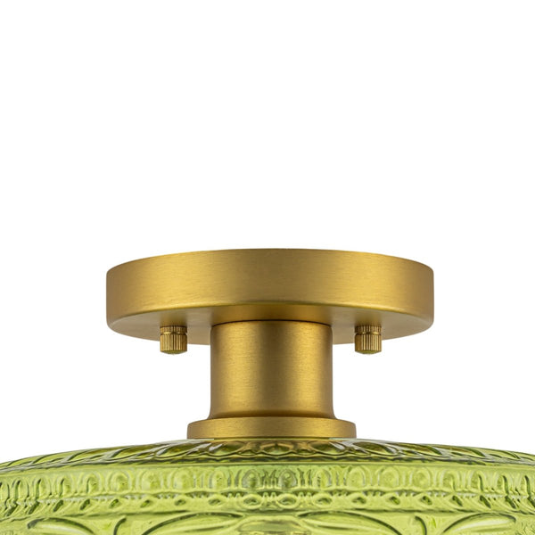 Chandelierias-Translucent Green 1-Light Embossed Glass Drum Semi-flush Mount-Semi Flush-Brass-