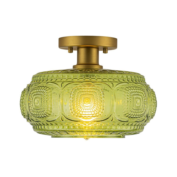 Chandelierias-Translucent Green 1-Light Embossed Glass Drum Semi-flush Mount-Semi Flush-Brass-
