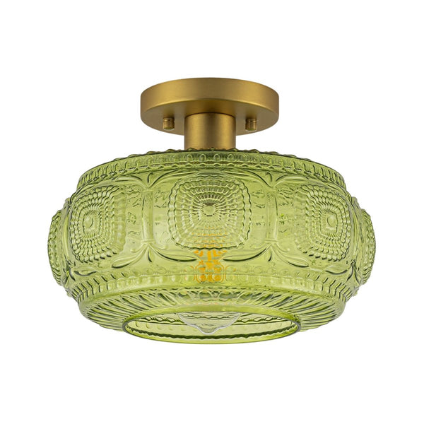 Chandelierias-Translucent Green 1-Light Embossed Glass Drum Semi-flush Mount-Semi Flush-Brass-