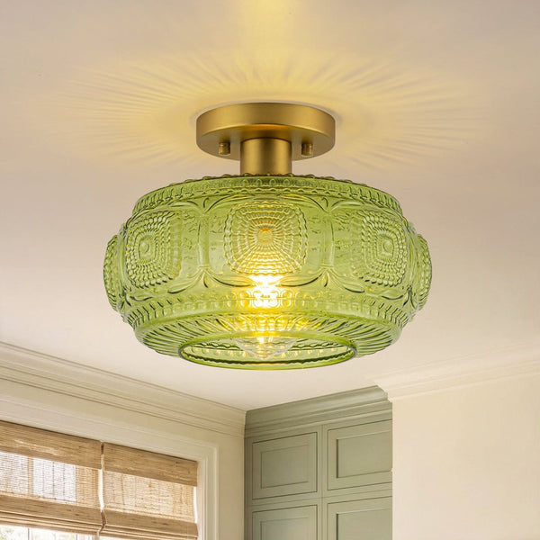 Chandelierias-Translucent Green 1-Light Embossed Glass Drum Semi-flush Mount-Semi Flush-Brass-