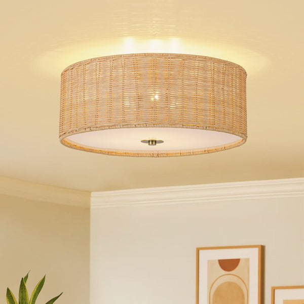 Chandelierias-Tropical Hand-woven 3-Light Rattan Drum Semi-flush Mount-Semi Flush-Brass-1-Pack