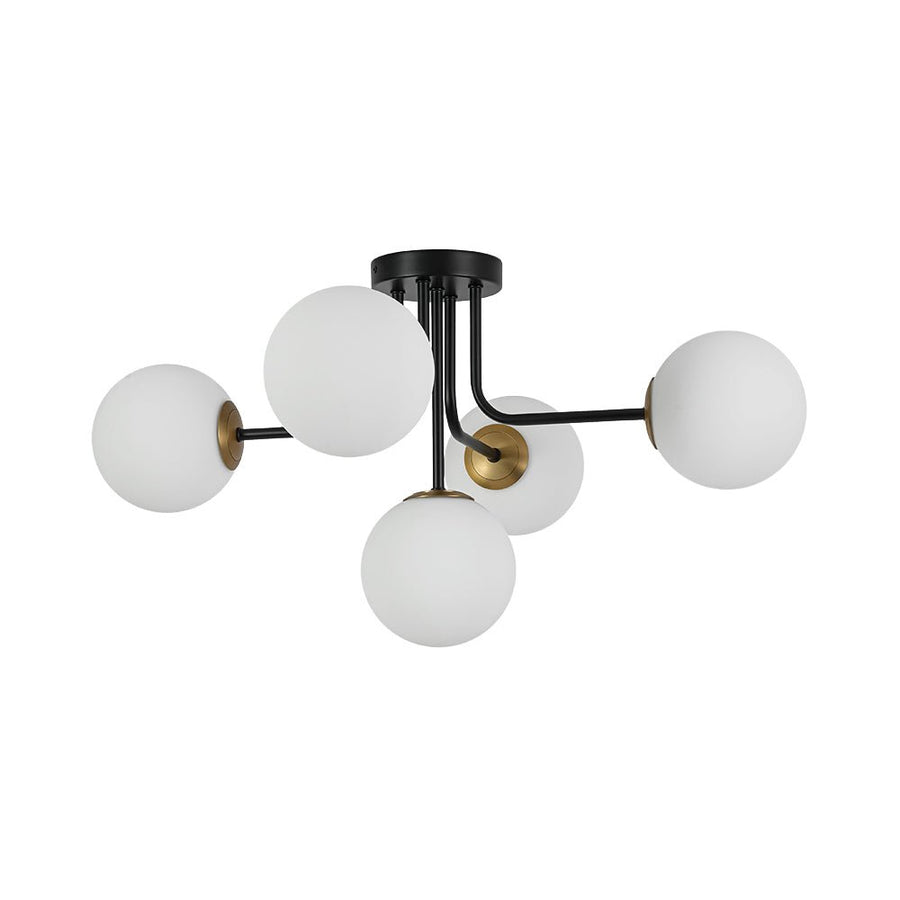 Chandelierias - Unique 5 - Light Milk Glass Sputnik Semi - Flush Mount - Semi Flush - Black & Brass - 