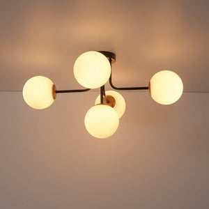 Chandelierias - Unique 5 - Light Milk Glass Sputnik Semi - Flush Mount - Semi Flush - Black & Brass - 