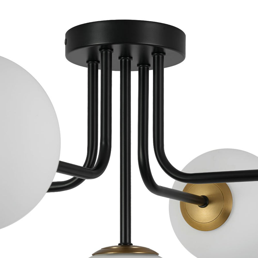 Chandelierias - Unique 5 - Light Milk Glass Sputnik Semi - Flush Mount - Semi Flush - Black & Brass - 