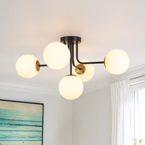 Chandelierias - Unique 5 - Light Milk Glass Sputnik Semi - Flush Mount - Semi Flush - Black & Brass - 