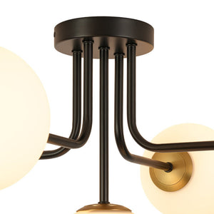 Chandelierias - Unique 5 - Light Milk Glass Sputnik Semi - Flush Mount - Semi Flush - Black & Brass - 