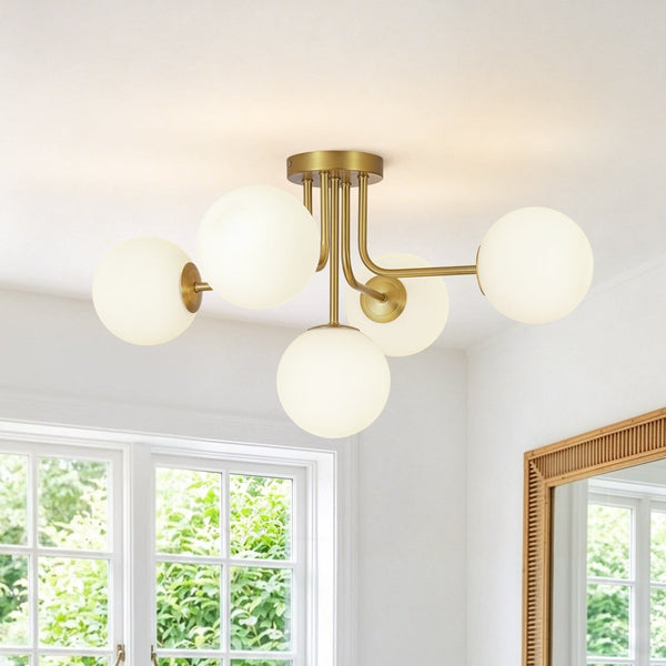 Chandelierias-Unique 5-Light Milk Glass Sputnik Semi-Flush Mount-Semi Flush-Brass-