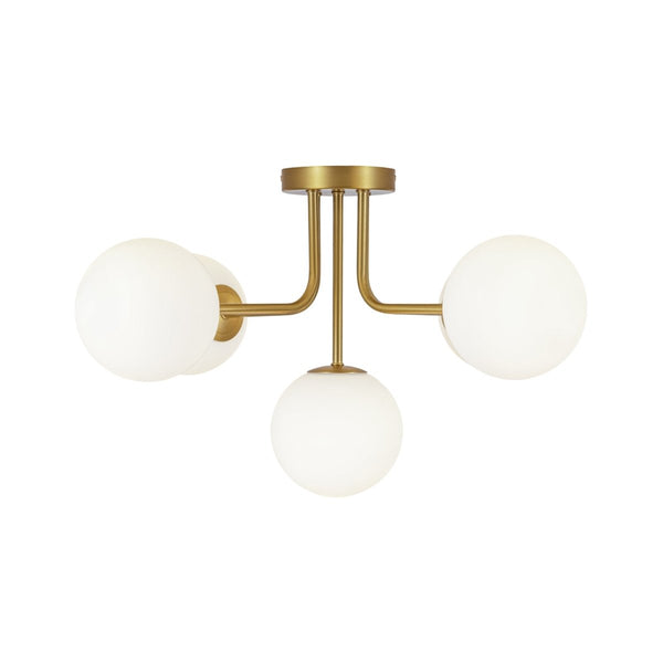Chandelierias-Unique 5-Light Milk Glass Sputnik Semi-Flush Mount-Semi Flush-Brass-