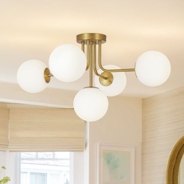 Chandelierias-Unique 5-Light Milk Glass Sputnik Semi-Flush Mount-Semi Flush-Brass-