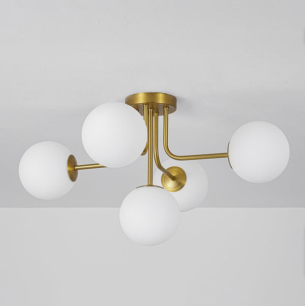 Chandelierias-Unique 5-Light Milk Glass Sputnik Semi-Flush Mount-Semi Flush-Brass-
