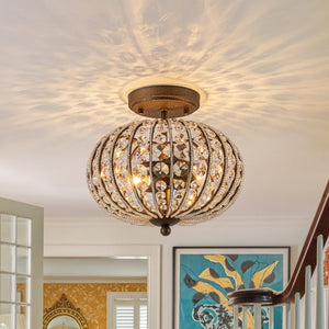 Chandelierias-Vintage 2-Light Crystal Oval Lantern Semi-Flush Mount-Semi Flush-Antique Bronze-