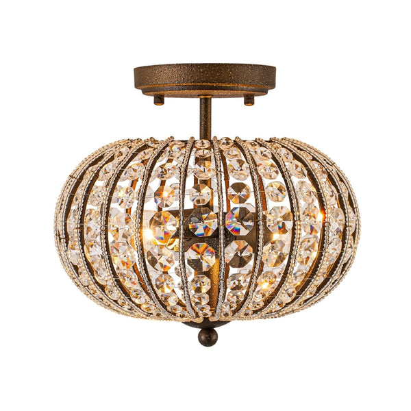 Chandelierias-Vintage 2-Light Crystal Oval Lantern Semi-Flush Mount-Semi Flush-Antique Bronze-