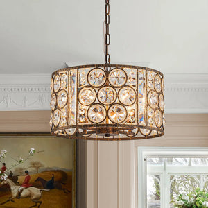 Chandelierias - Vintage Mottled 4 - Light Crystal Drum Pendant - Pendant - Antique Bronze - 
