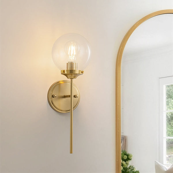 Chandelierias-Water Clear Single Globe Glass 1-Light Wall Torch Sconce-Wall Light-Brass-