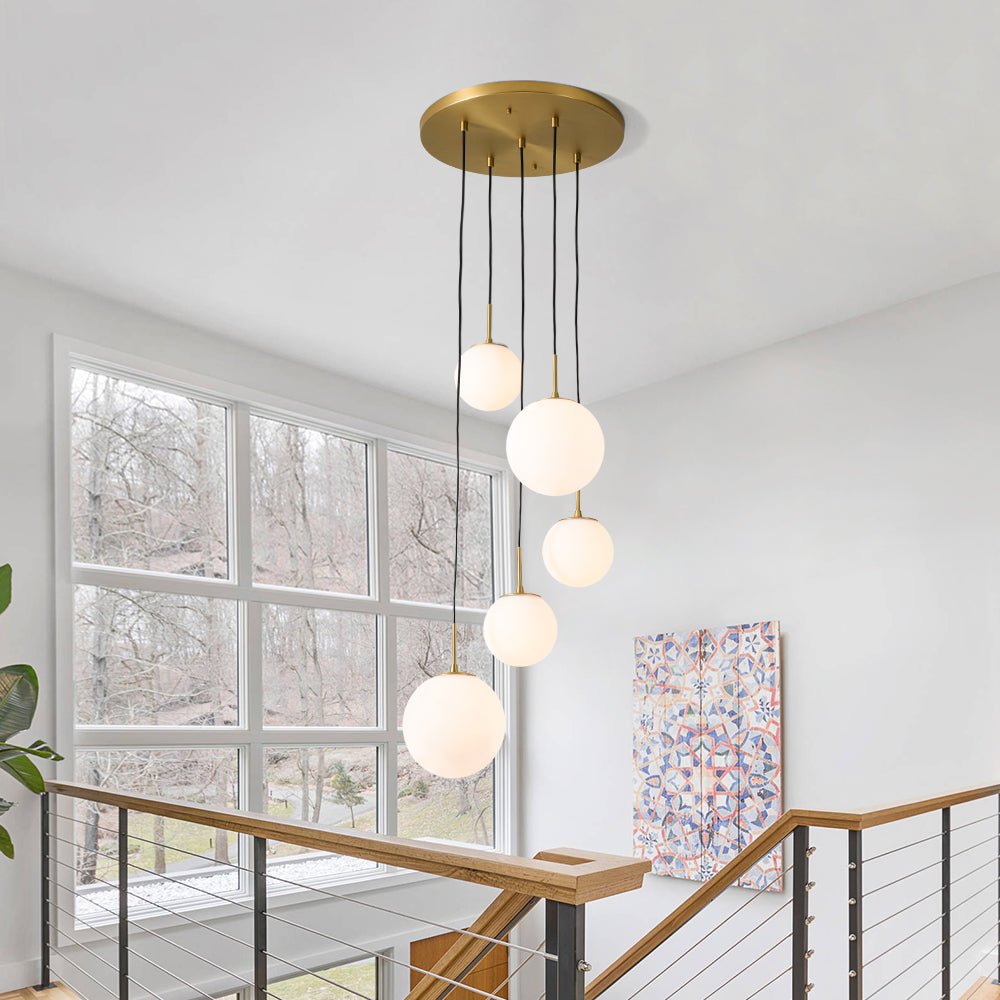 Chandelierias - Waterfall 5 - Light Frosted White Glass Globe Cluster Pendant Chandelier - Brass - 