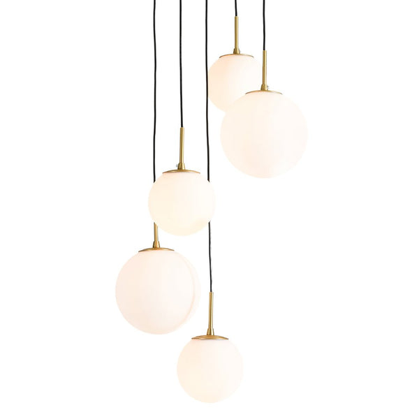 Chandelierias - Waterfall 5 - Light Frosted White Glass Globe Cluster Pendant Chandelier - Brass - 
