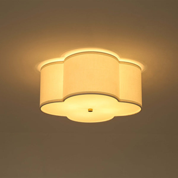 Chandelierias-White Fabric 4-Light Clover Shape Scalloped Drum Linen Flush Mount-Flush Mount-4-Light-