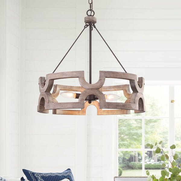 3-Light Rustic Wood Drum Pendant Chandelier