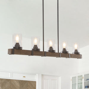 5-Light Glass Wood Linear Chandelier