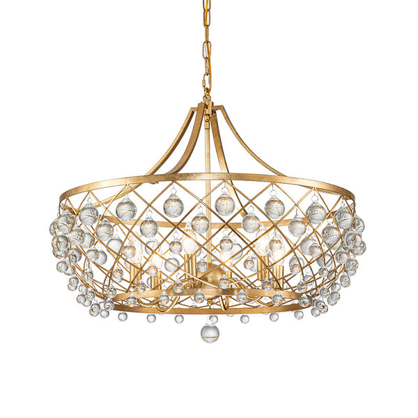 Contemporary 6-Light Curved Chandelier with Crystal Spheres