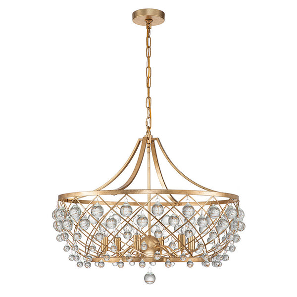 Contemporary 6-Light Curved Chandelier with Crystal Spheres