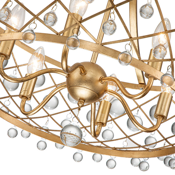 Contemporary 6-Light Curved Chandelier with Crystal Spheres