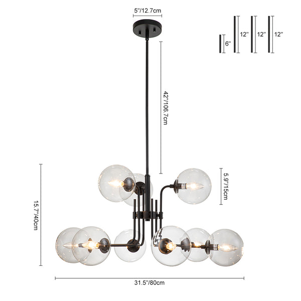 Modern 9-Light Clear Glass Globe Branch Chandelier