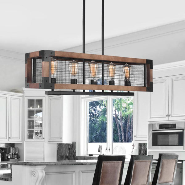 Chandelieria-5-Light Black Rectangle Wood Farmhouse Chandelier-Chandelier-Default Title-