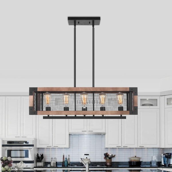 Chandelieria-5-Light Black Rectangle Wood Farmhouse Chandelier-Chandelier-Default Title-